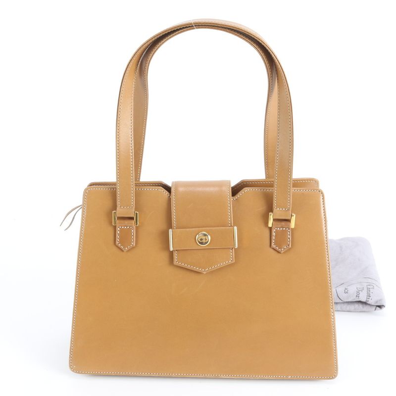 Dior Vintage Leather Handbag Tote Beige Gold