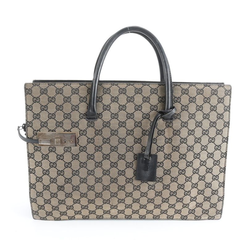 Gucci GG Canvas Leather Business Briefcase Tote Black Brown