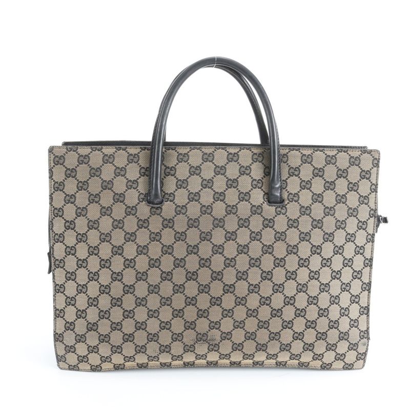 Gucci GG Canvas Leather Business Briefcase Tote Black Brown