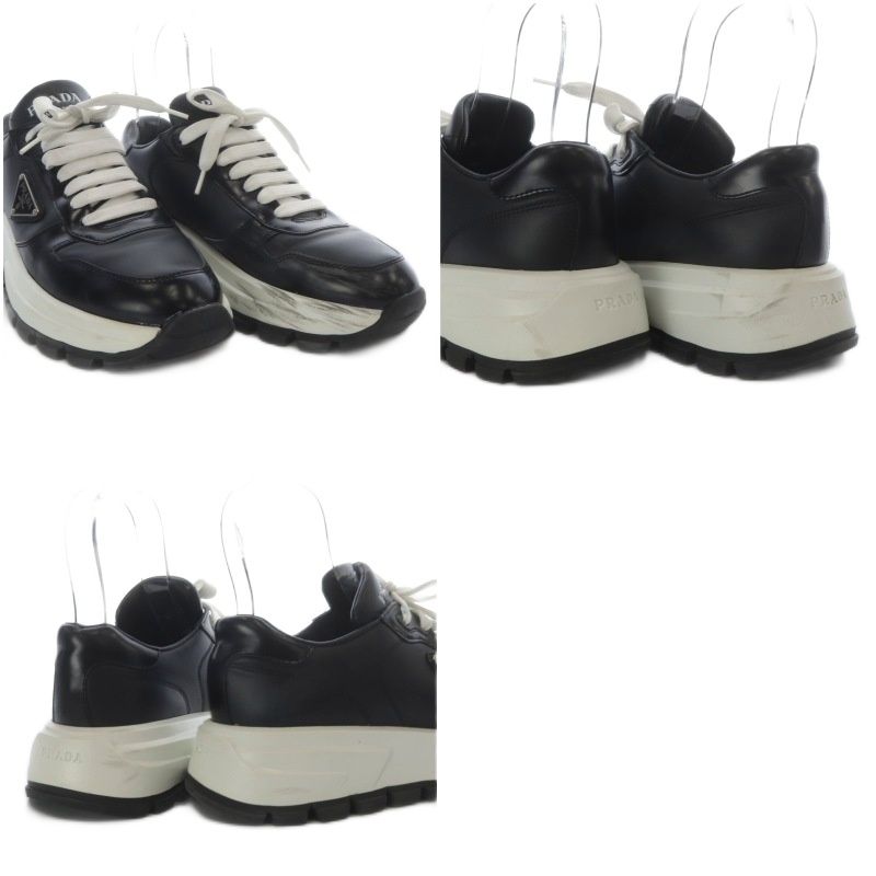 Prada Sneakers Low Cut Platform Thick Sole Triangle Plate Leather 39 Black