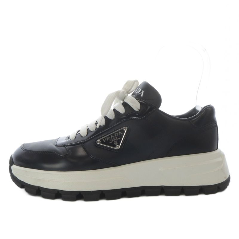 Prada Sneakers Low Cut Platform Thick Sole Triangle Plate Leather 39 Black