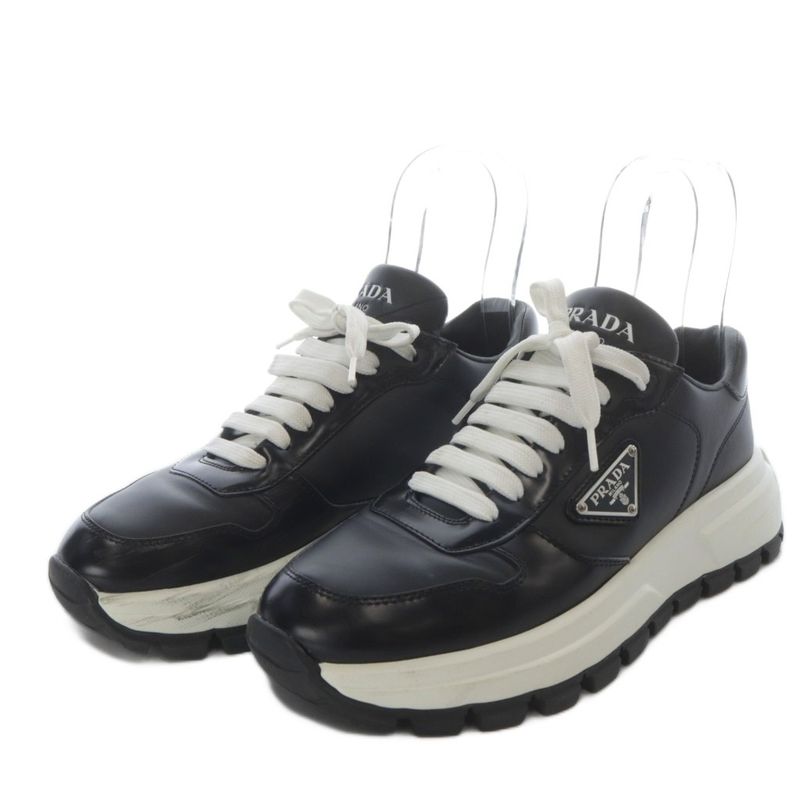 Prada Sneakers Low Cut Platform Thick Sole Triangle Plate Leather 39 Black