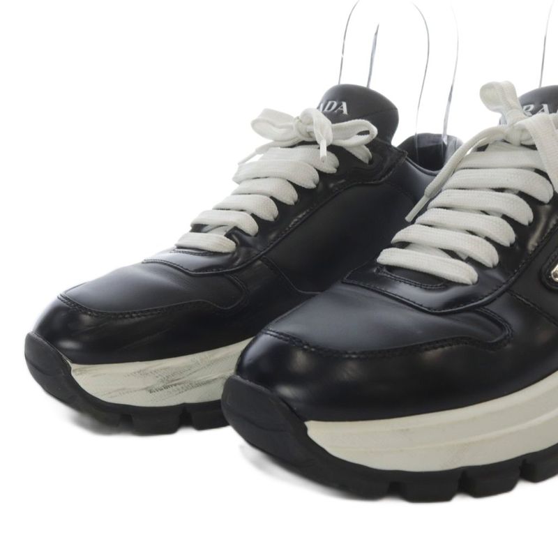 Prada Sneakers Low Cut Platform Thick Sole Triangle Plate Leather 39 Black
