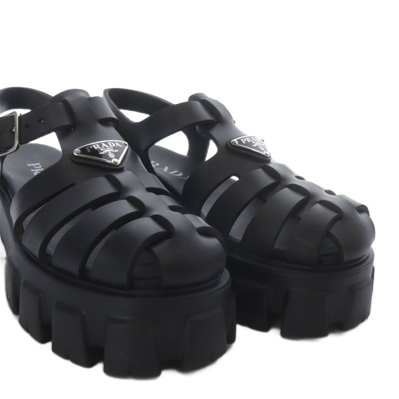 Prada Monolith Rubber Sandals Chunky Heel Platform Thick Sole Strap 37 Black