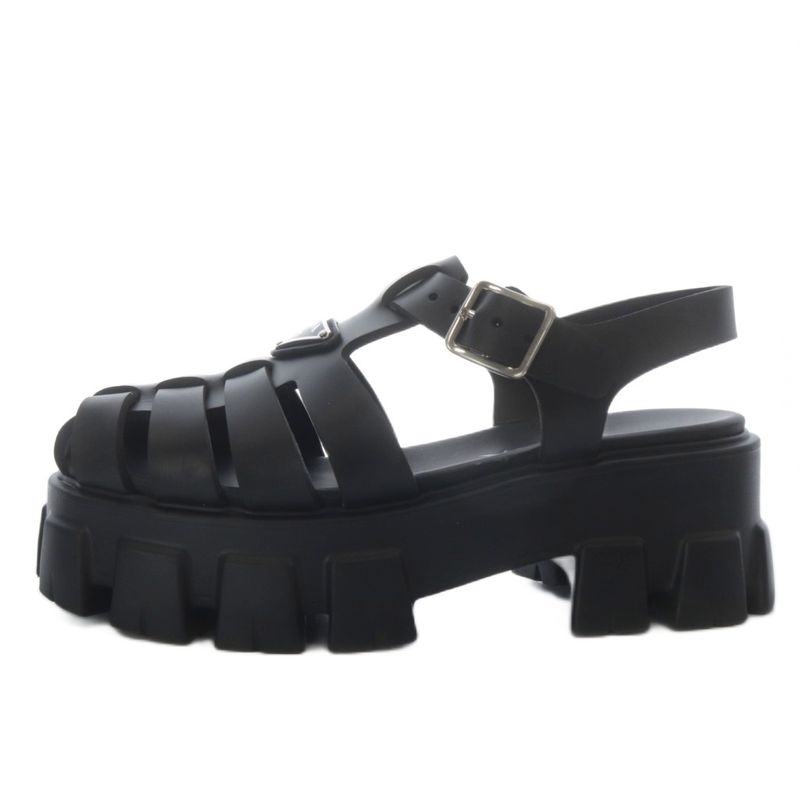 Prada Monolith Rubber Sandals Chunky Heel Platform Thick Sole Strap 37 Black