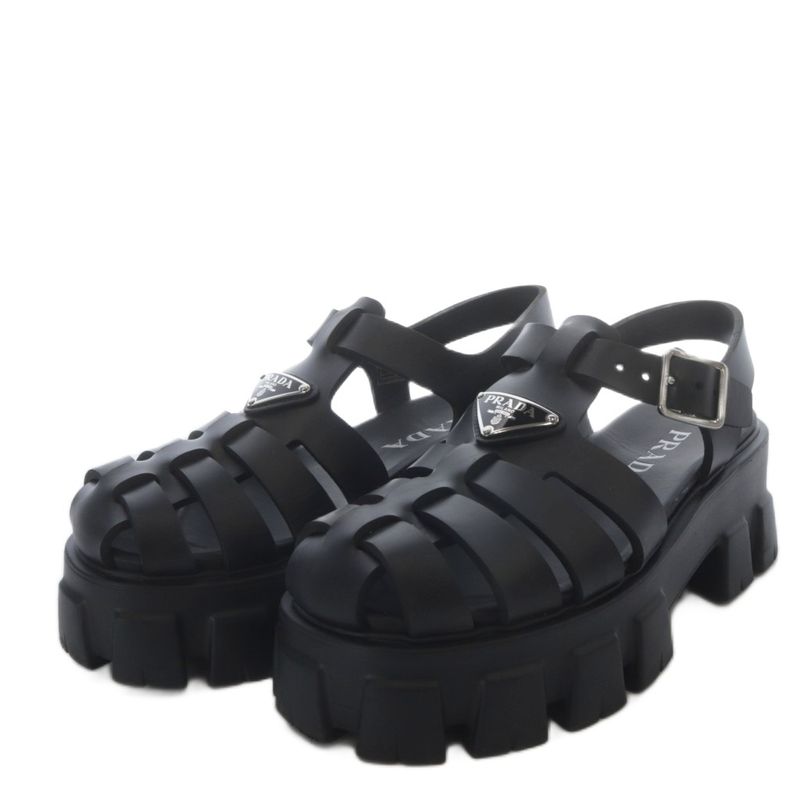 Prada Monolith Rubber Sandals Chunky Heel Platform Thick Sole Strap 37 Black