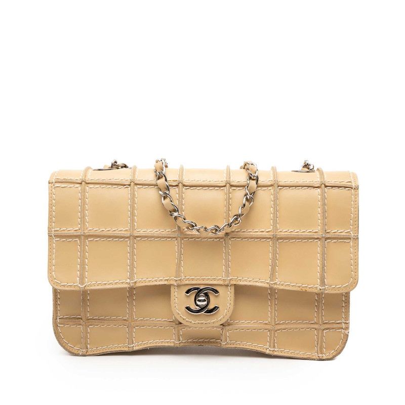 Chanel Wild Stitch CC Logo Chocolate Chain Shoulder Bag Beige Leather