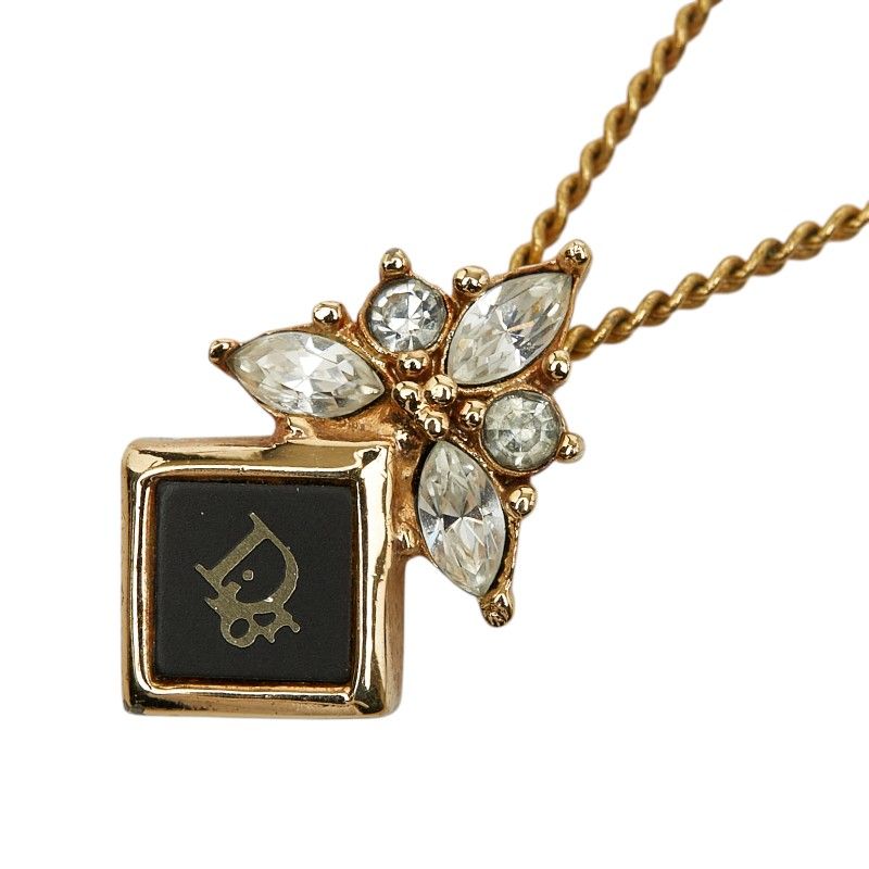 Dior Square Logo Pendant Necklace Gold Black Plated