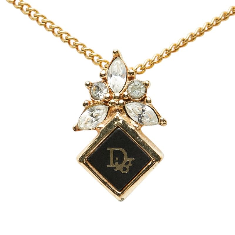 Dior Square Logo Pendant Necklace Gold Black Plated