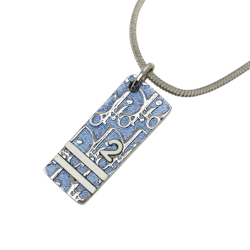 Dior Trotter Plate Pendant Necklace Silver Blue Metal