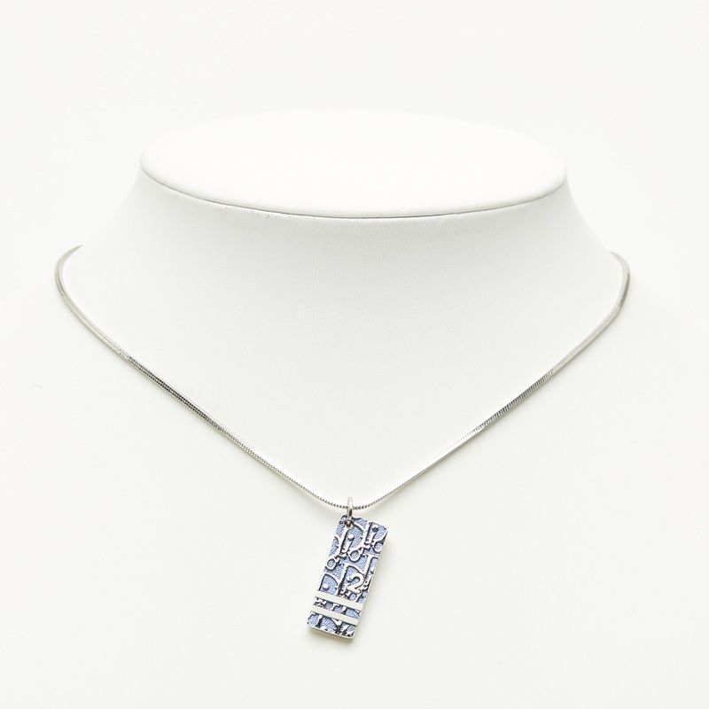 Dior Trotter Plate Pendant Necklace Silver Blue Metal