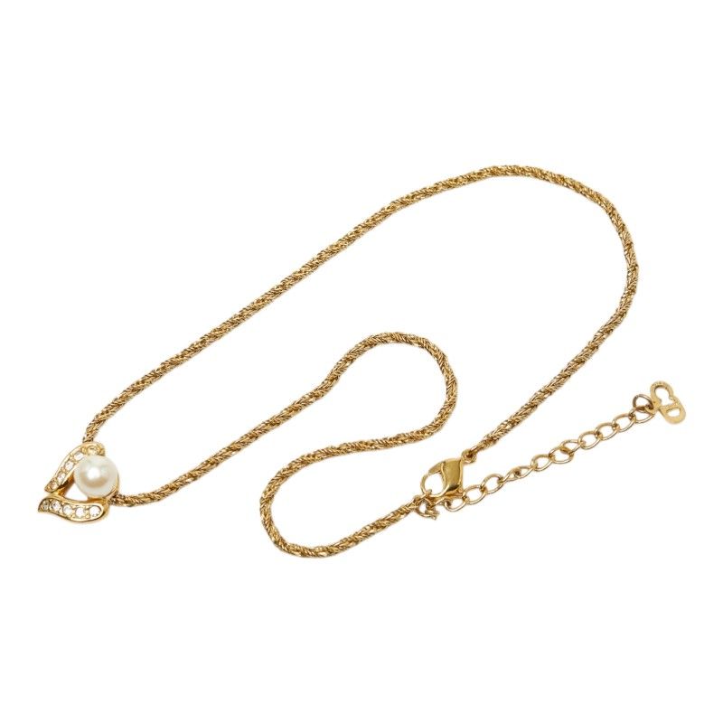 Dior Pendant Necklace Gold Faux Pearl Rhinestone Plated