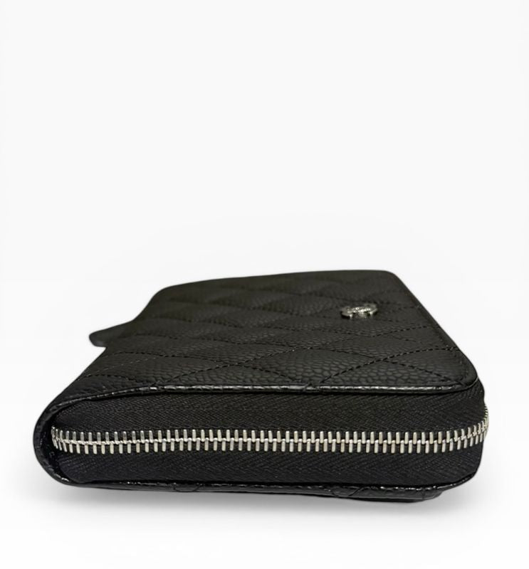 Chanel Quilted Classic Long Zip Wallet Caviar Black Silver