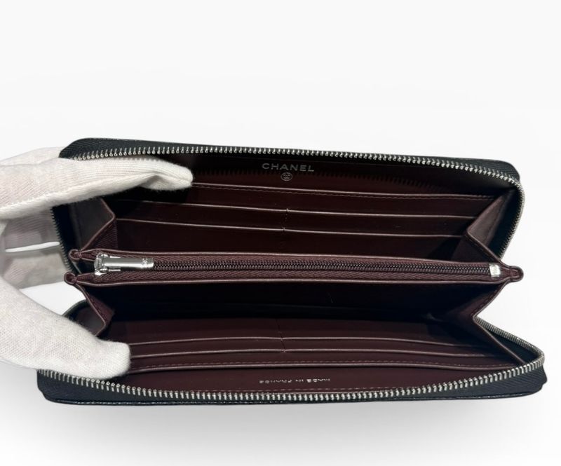 Chanel Quilted Classic Long Zip Wallet Caviar Black Silver