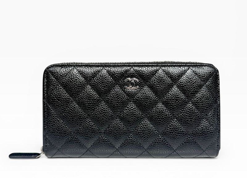Chanel Quilted Classic Long Zip Wallet Caviar Black Silver