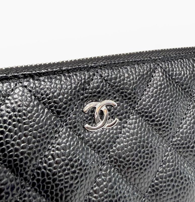 Chanel Quilted Classic Long Zip Wallet Caviar Black Silver