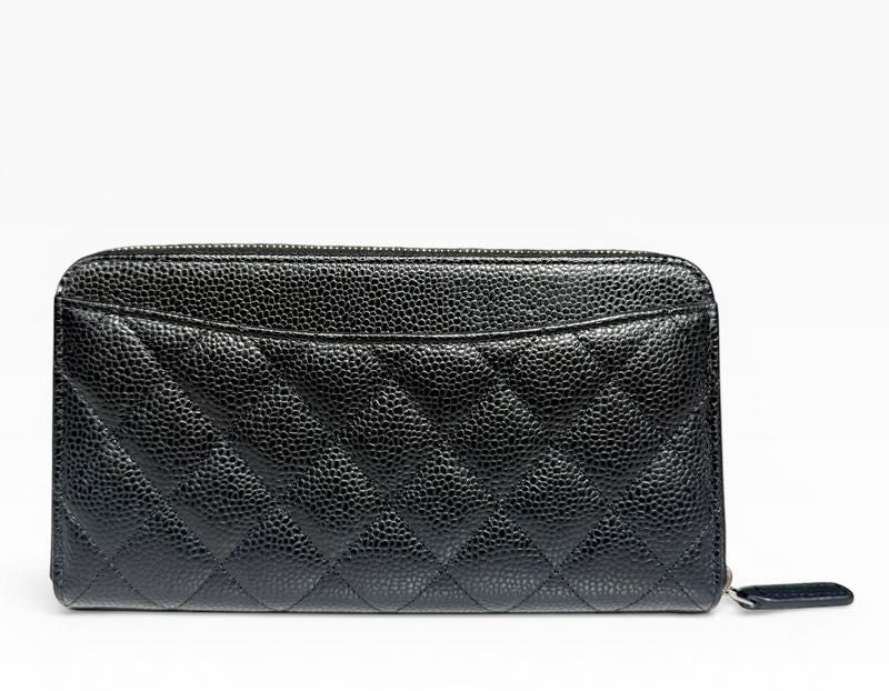 Chanel Quilted Classic Long Zip Wallet Caviar Black Silver
