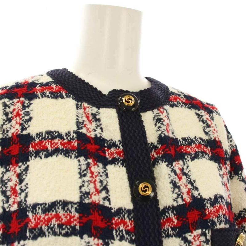 Gucci Coat Tweed GG Button Middle Length Check 38 White