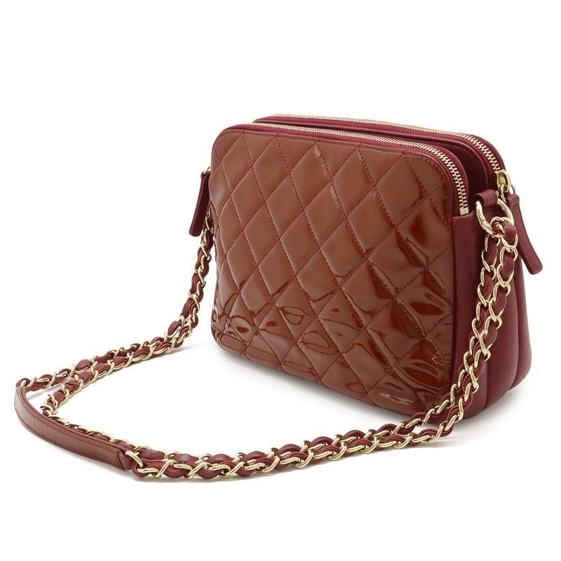 Chanel Quilted CC Logo Shoulder Bag Chain Enamel Patent Red Pink
