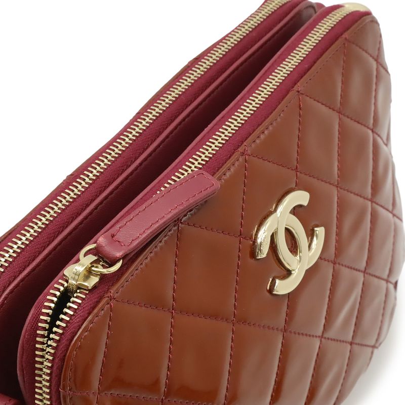 Chanel Quilted CC Logo Shoulder Bag Chain Enamel Patent Red Pink
