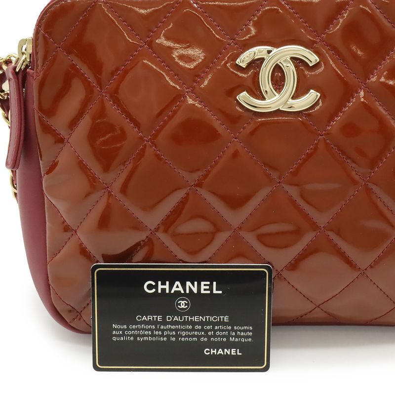 Chanel Quilted CC Logo Shoulder Bag Chain Enamel Patent Red Pink