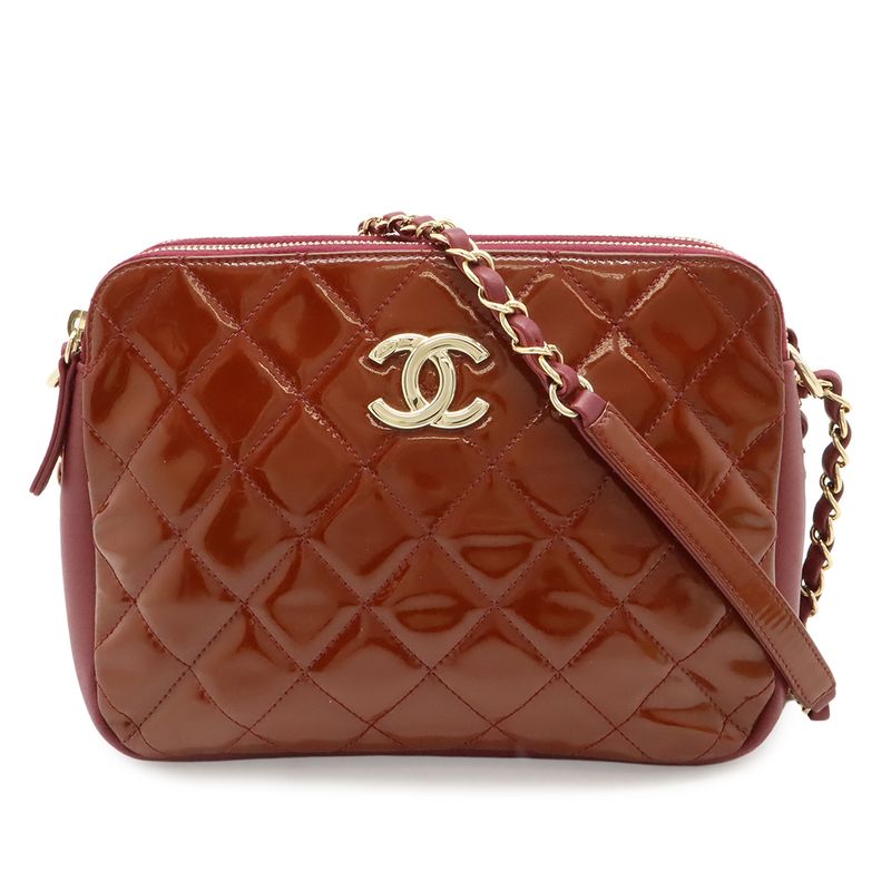 Chanel Quilted CC Logo Shoulder Bag Chain Enamel Patent Red Pink