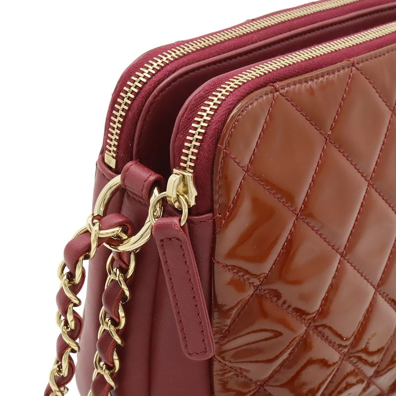 Chanel Quilted CC Logo Shoulder Bag Chain Enamel Patent Red Pink