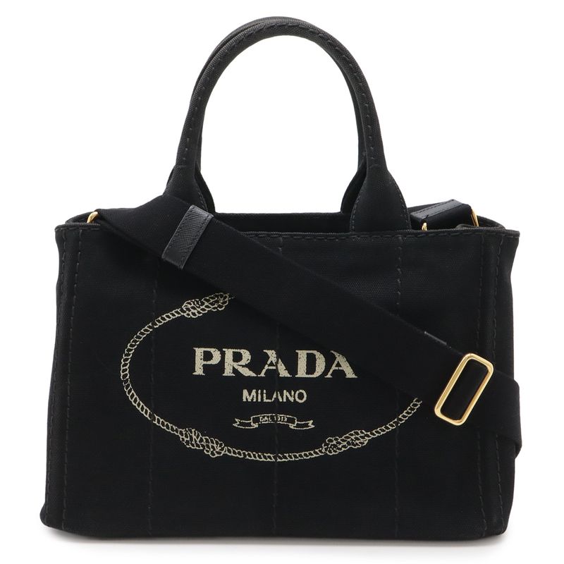 Prada Canapa 2-Way Shoulder Bag Crossbody Canvas Nero Black Gold
