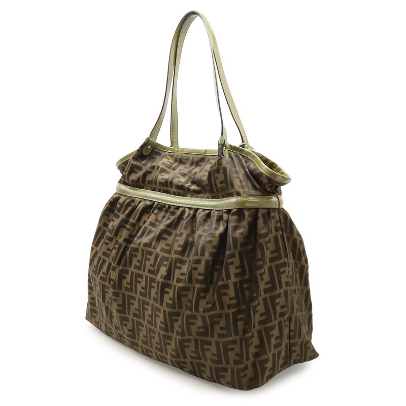 Fendi Zucca Pattern Tote Shoulder Bag Nylon Canvas Enamel Khaki Brown Dark