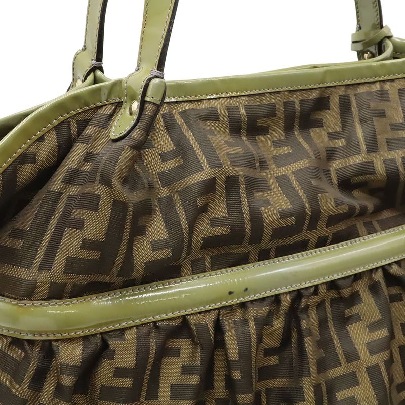 Fendi Zucca Pattern Tote Shoulder Bag Nylon Canvas Enamel Khaki Brown Dark