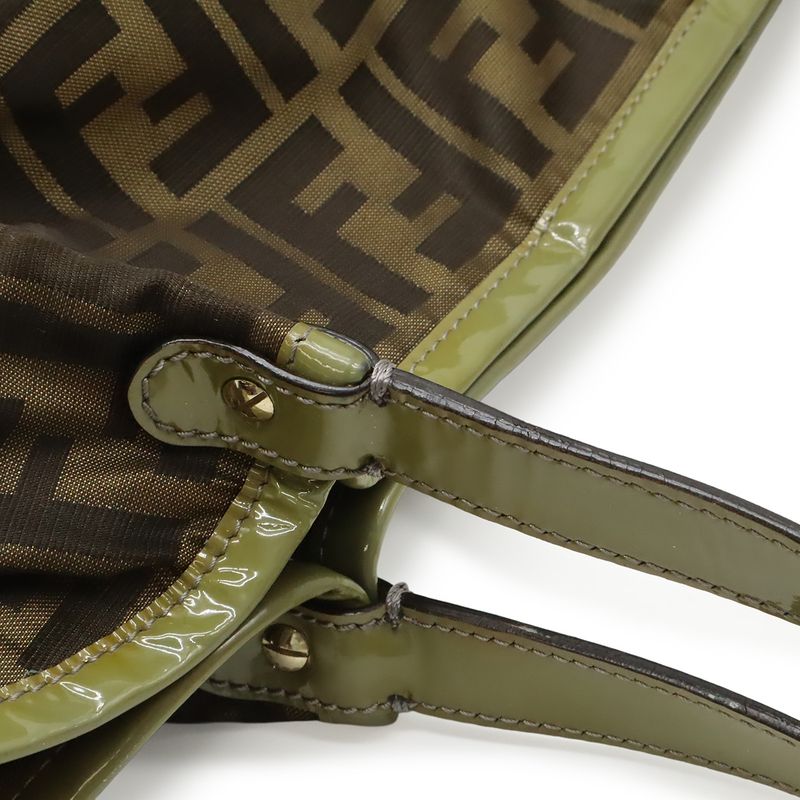 Fendi Zucca Pattern Tote Shoulder Bag Nylon Canvas Enamel Khaki Brown Dark