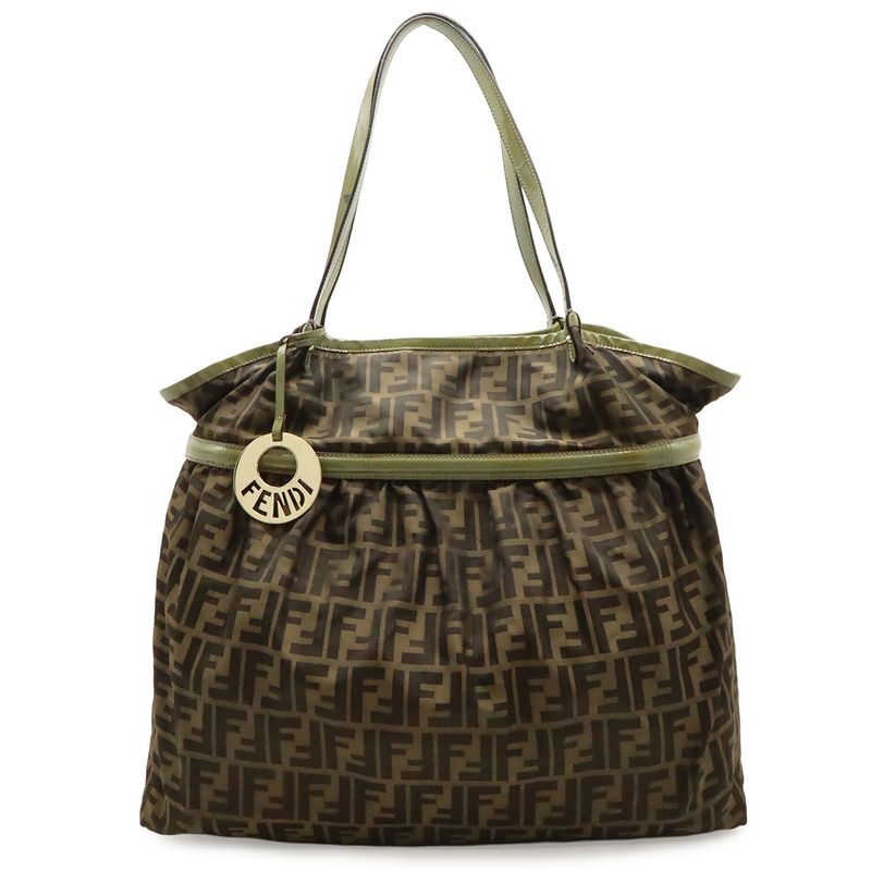 Fendi Zucca Pattern Tote Shoulder Bag Nylon Canvas Enamel Khaki Brown Dark