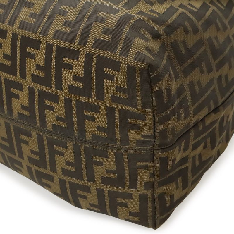 Fendi Zucca Pattern Tote Shoulder Bag Nylon Canvas Enamel Khaki Brown Dark