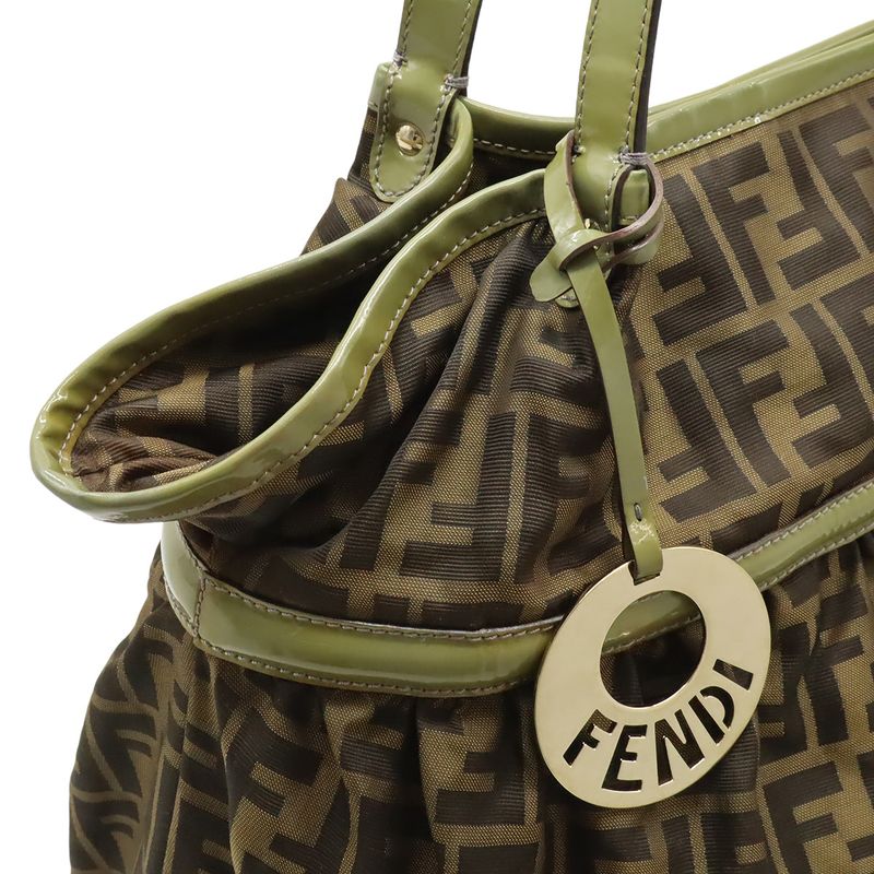 Fendi Zucca Pattern Tote Shoulder Bag Nylon Canvas Enamel Khaki Brown Dark