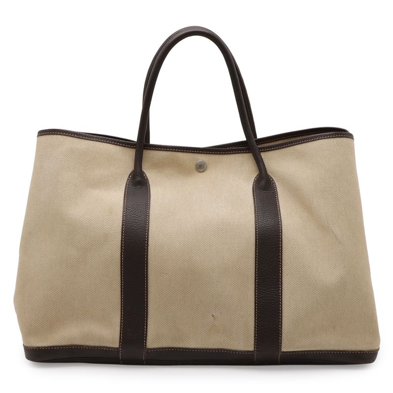 Hermes Garden Party MM Tote Shoulder Toile Ash Leather Beige Dark Brown