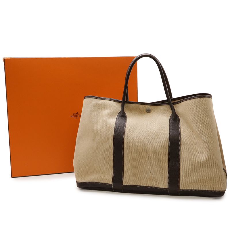 Hermes Garden Party MM Tote Shoulder Toile Ash Leather Beige Dark Brown
