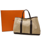 Hermes Garden Party MM Tote Shoulder Toile Ash Leather Beige Dark Brown