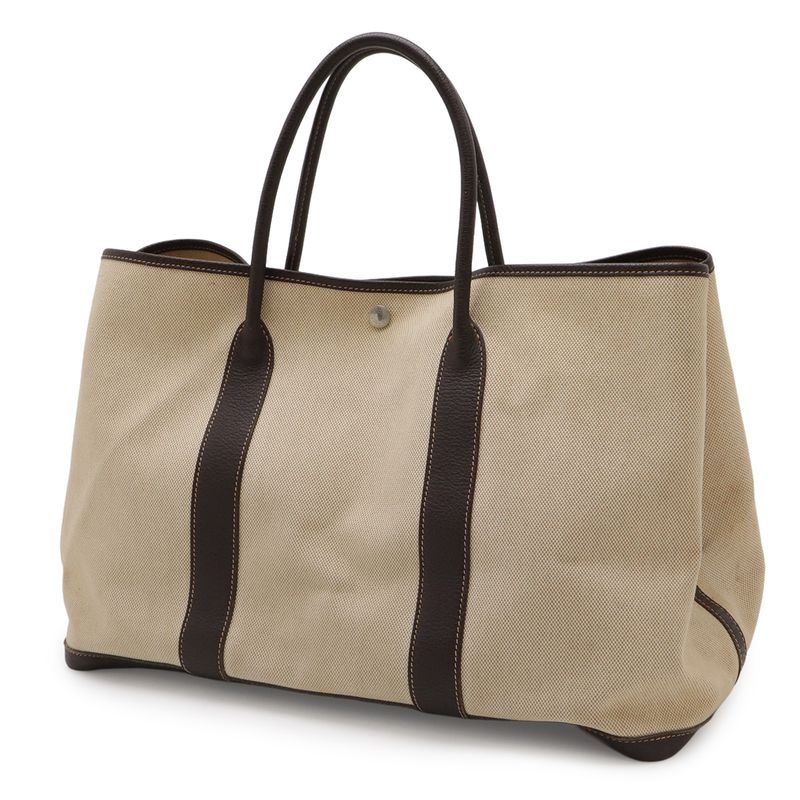 Hermes Garden Party MM Tote Shoulder Toile Ash Leather Beige Dark Brown