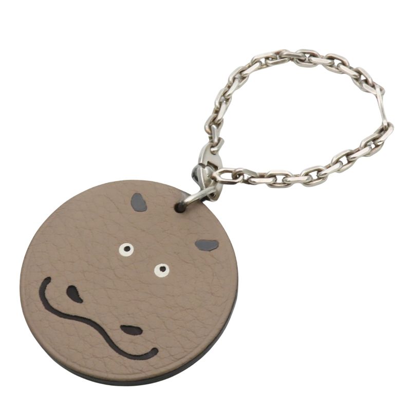 Hermes Bag Charm Animal Hippopotamus Leather Grey Cover Greige