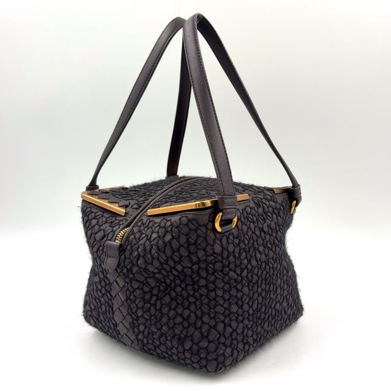 Bottega Veneta Intrecciato Leather Wool Dark Brown Handbag Gold