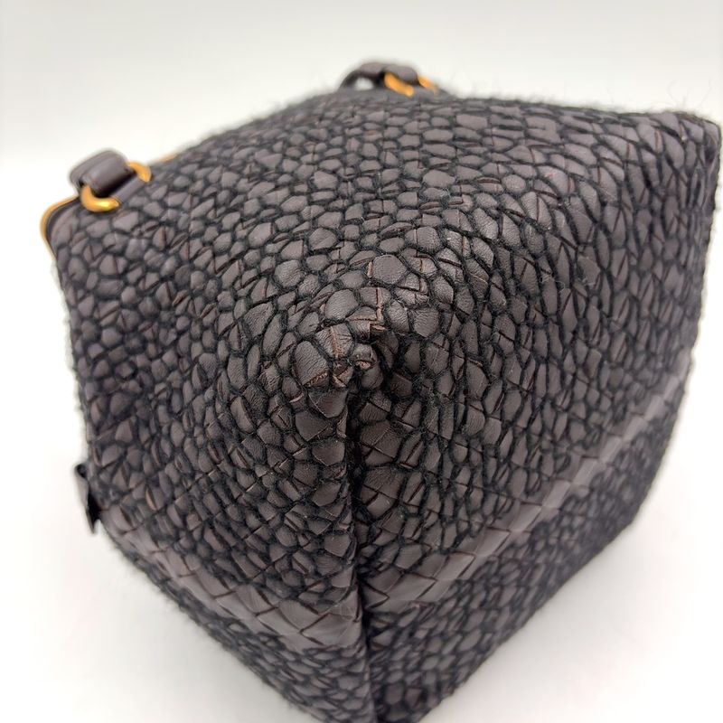 Bottega Veneta Intrecciato Leather Wool Dark Brown Handbag Gold