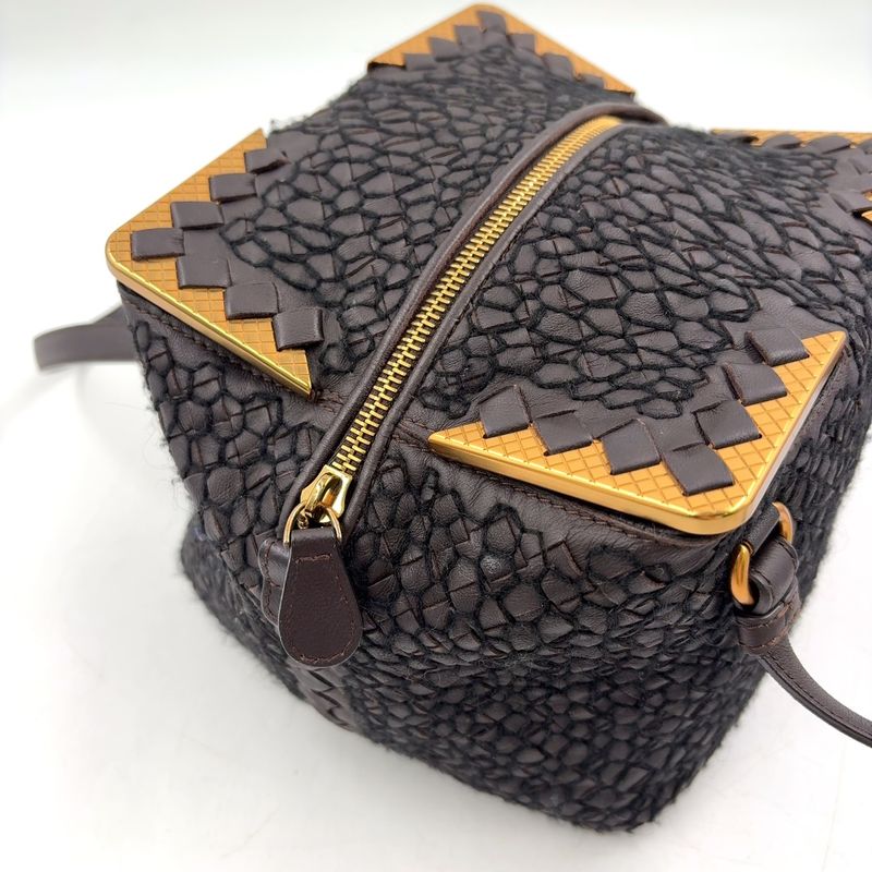 Bottega Veneta Intrecciato Leather Wool Dark Brown Handbag Gold