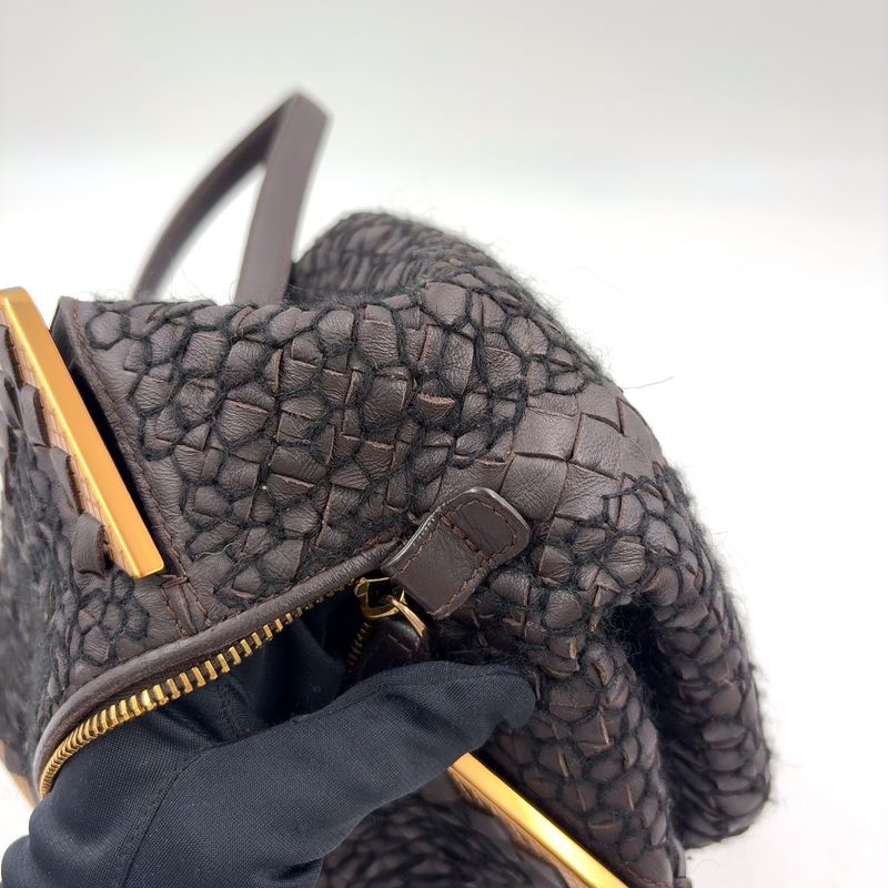 Bottega Veneta Intrecciato Leather Wool Dark Brown Handbag Gold