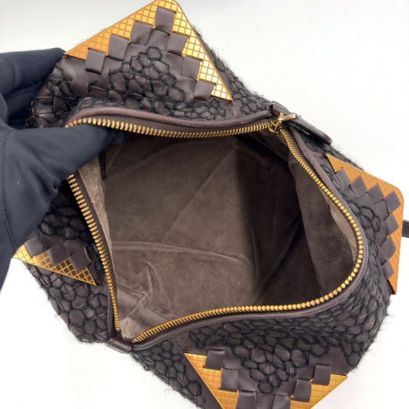 Bottega Veneta Intrecciato Leather Wool Dark Brown Handbag Gold