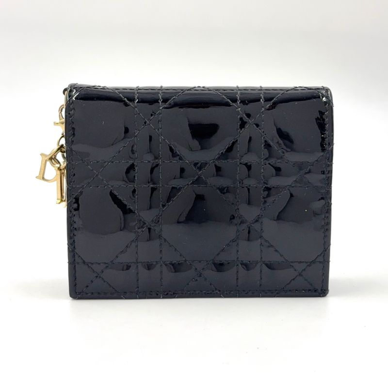 Dior Cannage Compact Wallet Enamel Leather Black Gold