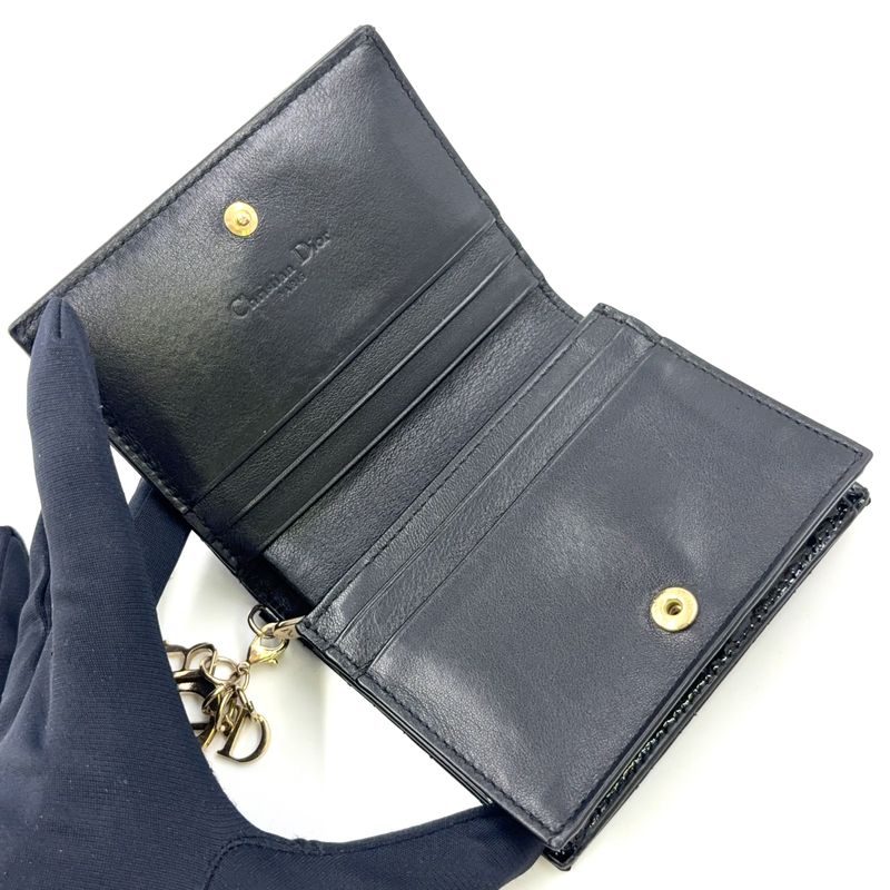 Dior Cannage Compact Wallet Enamel Leather Black Gold