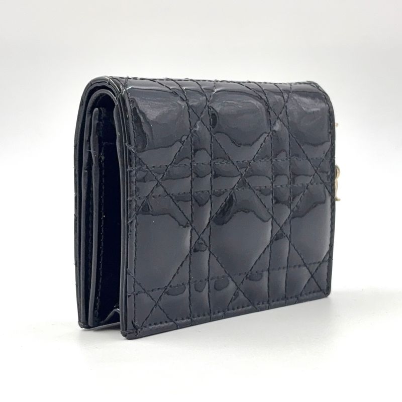 Dior Cannage Compact Wallet Enamel Leather Black Gold