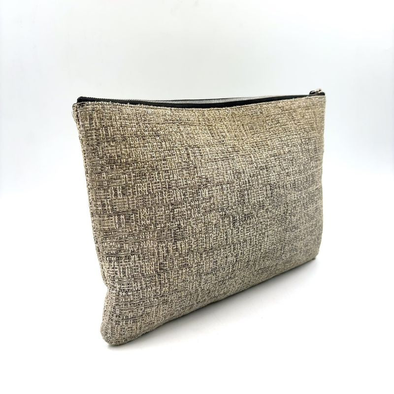 Chanel Deauville Tweed Gray Black Clutch Silver