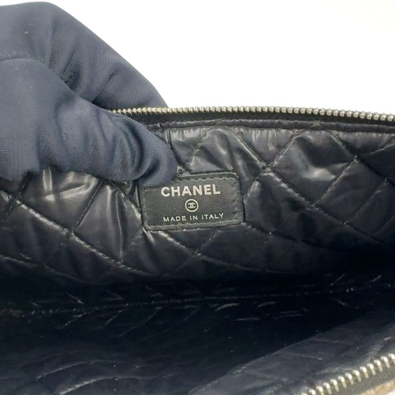 Chanel Deauville Tweed Gray Black Clutch Silver