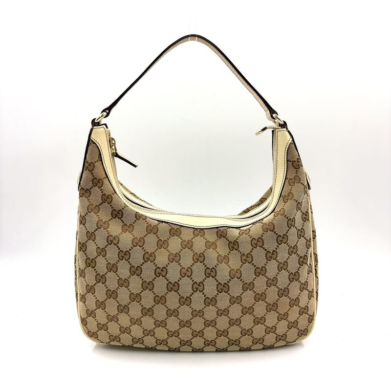 Gucci GG Canvas Leather Ivory Khaki Beige Shoulder Bag Silver